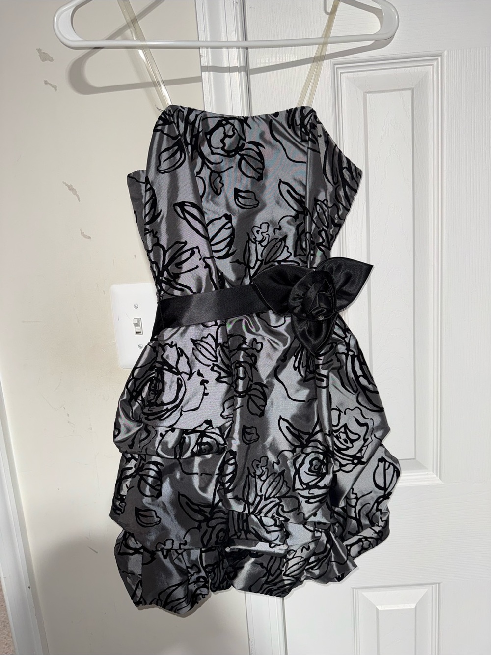 City Triangles Silver and Black Floral Bubble Dress with Bow Accent